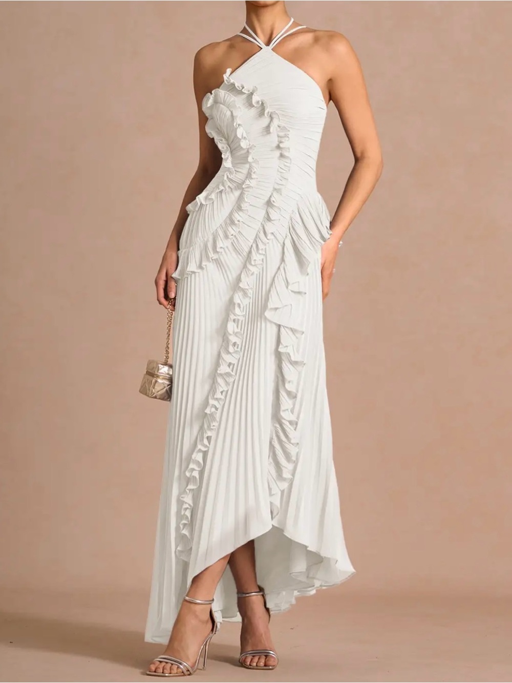 Elegant White Halter Ruffle Pleated Maxi Dress